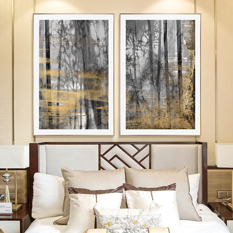 Metal Frame Bamboo Landscape Porcelain Printing Wall Art with Gold Foil