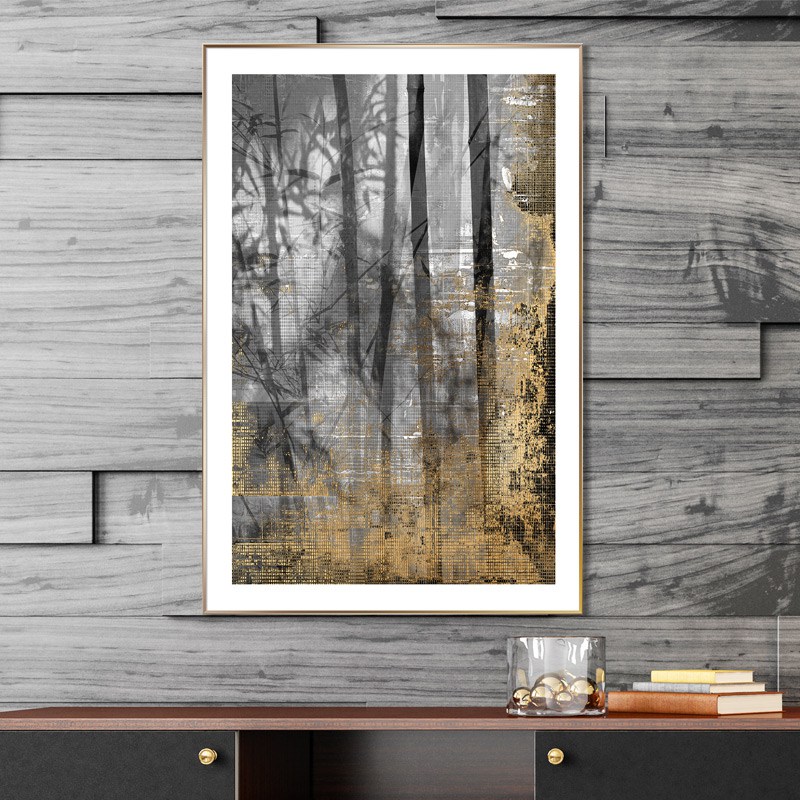 Metal Frame Bamboo Landscape Porcelain Printing Wall Art with Gold Foil