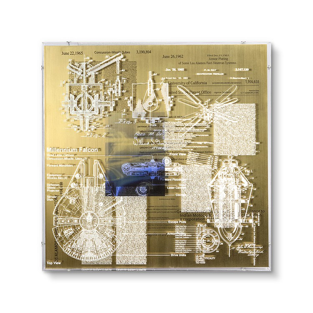 Original Champagne Gold Metal Board Blueprint Printed Art