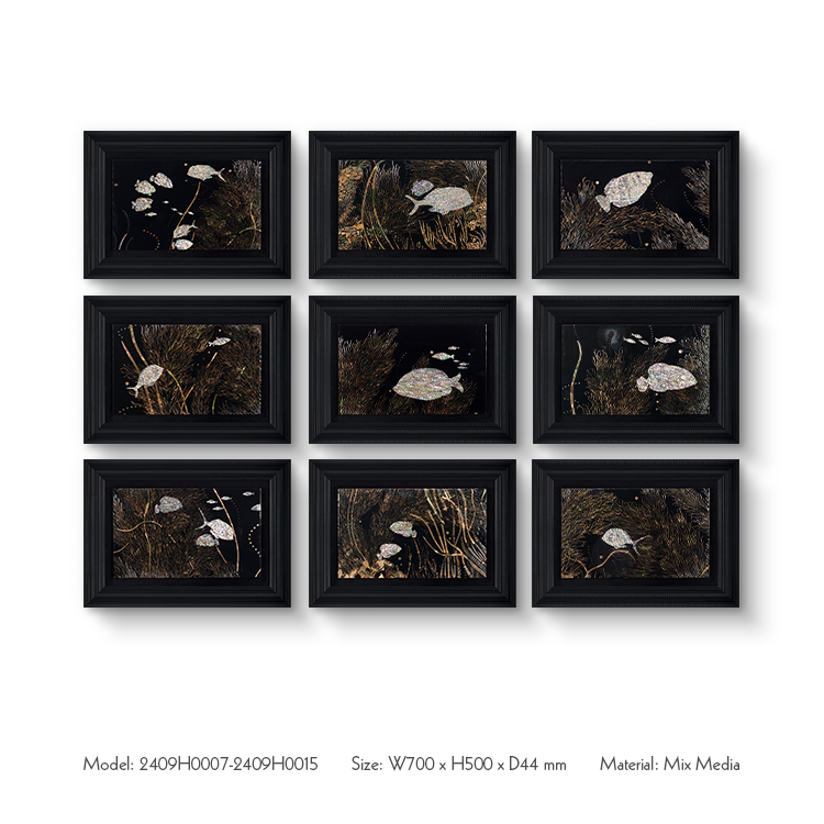 Luxury Black Velvet Based Wall Painting Foil-stamping Textured Printing with Mother-of-pearl and Resin for Home Decor